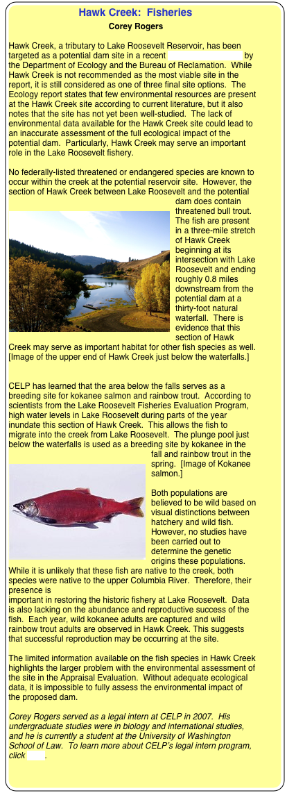 Hawk Creek:  Fisheries

   Corey Rogers

Hawk Creek, a tributary to Lake Roosevelt Reservoir, has been targeted as a potential dam site in a recent appraisal evaluation by the Department of Ecology and the Bureau of Reclamation.  While Hawk Creek is not recommended as the most viable site in the report, it is still considered as one of three final site options.  The Ecology report states that few environmental resources are present at the Hawk Creek site according to current literature, but it also notes that the site has not yet been well-studied.  The lack of environmental data available for the Hawk Creek site could lead to an inaccurate assessment of the full ecological impact of the potential dam.  Particularly, Hawk Creek may serve an important role in the Lake Roosevelt fishery.  

No federally-listed threatened or endangered species are known to occur within the creek at the potential reservoir site.  However, the section of Hawk Creek between Lake Roosevelt and the potential dam does contain threatened bull trout.  ￼The fish are present in a three-mile stretch of Hawk Creek beginning at its intersection with Lake Roosevelt and ending roughly 0.8 miles downstream from the potential dam at a thirty-foot natural waterfall.  There is evidence that this section of Hawk Creek may serve as important habitat for other fish species as well.   [Image of the upper end of Hawk Creek just below the waterfalls.]


CELP has learned that the area below the falls serves as a breeding site for kokanee salmon and rainbow trout.  According to scientists from the Lake Roosevelt Fisheries Evaluation Program, high water levels in Lake Roosevelt during parts of the year inundate this section of Hawk Creek.  This allows the fish to migrate into the creek from Lake Roosevelt.  The plunge pool just below the waterfalls is used as a breeding site by kokanee in the fall and rainbow trout in the spring.  ￼[Image of Kokanee salmon.]

Both populations are believed to be wild based on visual distinctions between hatchery and wild fish.   However, no studies have been carried out to determine the genetic origins these populations.  While it is unlikely that these fish are native to the creek, both species were native to the upper Columbia River.  Therefore, their presence is 
important in restoring the historic fishery at Lake Roosevelt.  Data is also lacking on the abundance and reproductive success of the fish.  Each year, wild kokanee adults are captured and wild rainbow trout adults are observed in Hawk Creek. This suggests that successful reproduction may be occurring at the site.  

The limited information available on the fish species in Hawk Creek highlights the larger problem with the environmental assessment of the site in the Appraisal Evaluation.  Without adequate ecological data, it is impossible to fully assess the environmental impact of the proposed dam.   

Corey Rogers served as a legal intern at CELP in 2007.  His undergraduate studies were in biology and international studies, and he is currently a student at the University of Washington School of Law.  To learn more about CELP’s legal intern program, click here.  

