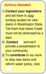 Actions Needed:

Contact your legislators and tell them to stop funding studies for new dams in Washington State.  Tell them that Hawk Creek must not be destroyed by a dam.
 Contact us and we’ll provide a presentation to your community.
To contribute to our work to stop new dams and reform water policy, click here.