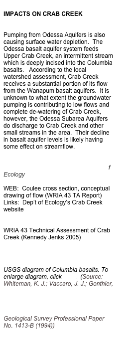 
IMPACTS ON CRAB CREEK


Pumping from Odessa Aquifers is also causing surface water depletion.  The Odessa basalt aquifer system feeds Upper Crab Creek, an intermittent stream which is deeply incised into the Columbia basalts.   According to the local watershed assessment, Crab Creek receives a substantial portion of its flow from the Wanapum basalt aquifers.  It is unknown to what extent the groundwater pumping is contributing to low flows and complete de-watering of Crab Creek, however, the Odessa Subarea Aquifers do discharge to Crab Creek and other small streams in the area.  Their decline in basalt aquifer levels is likely having some effect on streamflow.

Map of Crab Creek, (source:  WRIA 43 Upper Crab-Wilson, Washington Dept of Ecology

WEB:  Coulee cross section, conceptual drawing of flow (WRIA 43 TA Report)
Links:  Dep’t of Ecology’s Crab Creek website
http://www.ecy.wa.gov/apps/watersheds/wriapages/43.html
WRIA 43 Technical Assessment of Crab Creek (Kennedy Jenks 2005)
http://mapdata.info/wria43/phase2.htm


USGS diagram of Columbia basalts. To enlarge diagram, click here.  (Source:  Whiteman, K. J.; Vaccaro, J. J.; Gonthier, J. B.; Bauer, H. H., The hydrogeologic framework and geochemistry of the Columbia Plateau Aquifer System, Washington, Oregon, and Idaho,  U.S. Geological Survey Professional Paper No. 1413-B (1994))